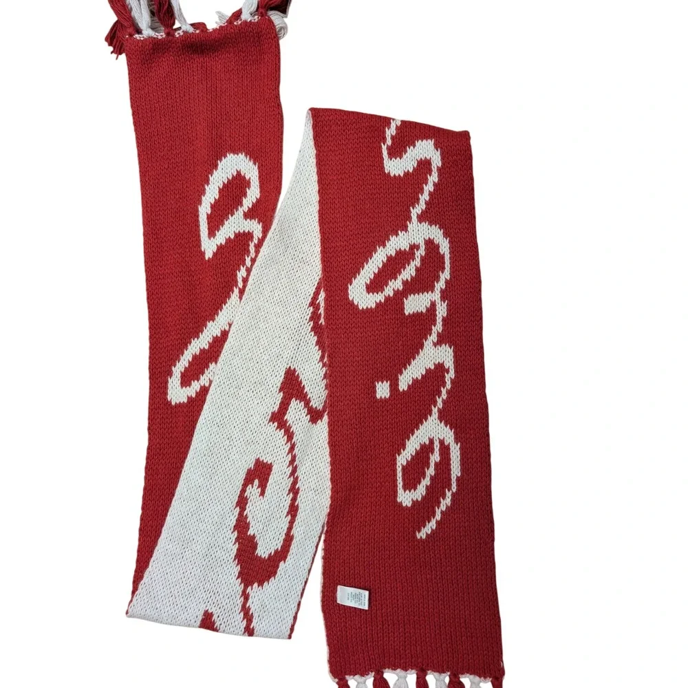 Abercrombie & Fitch Red‎ White Script Logo Knit Fringed Scarf Reversible Angora